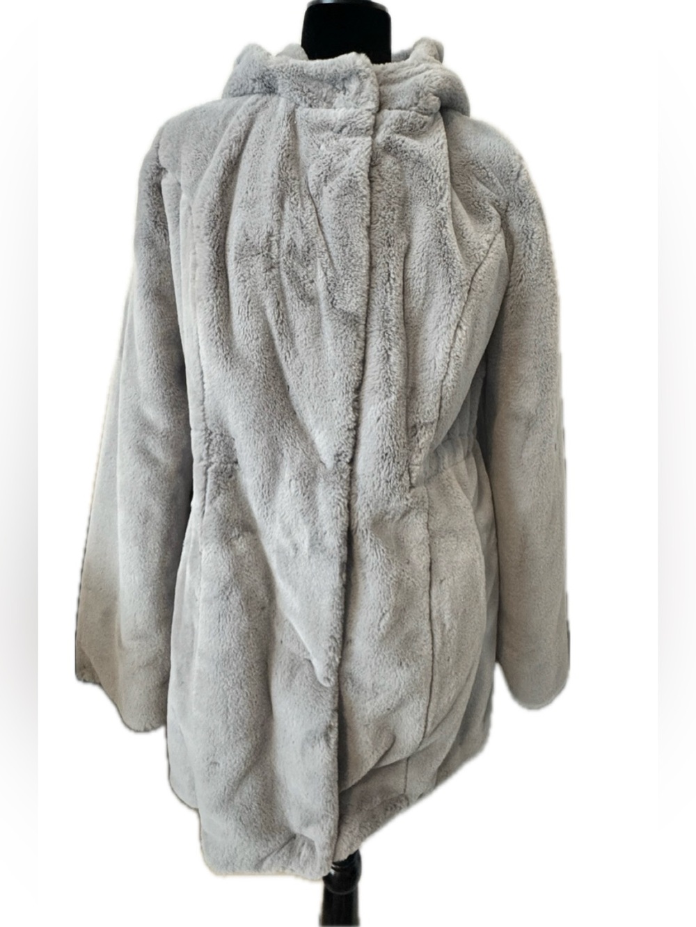 Dennis by Dennis Basso Faux Fur Hooded Coat Gray Plush Jacket XS